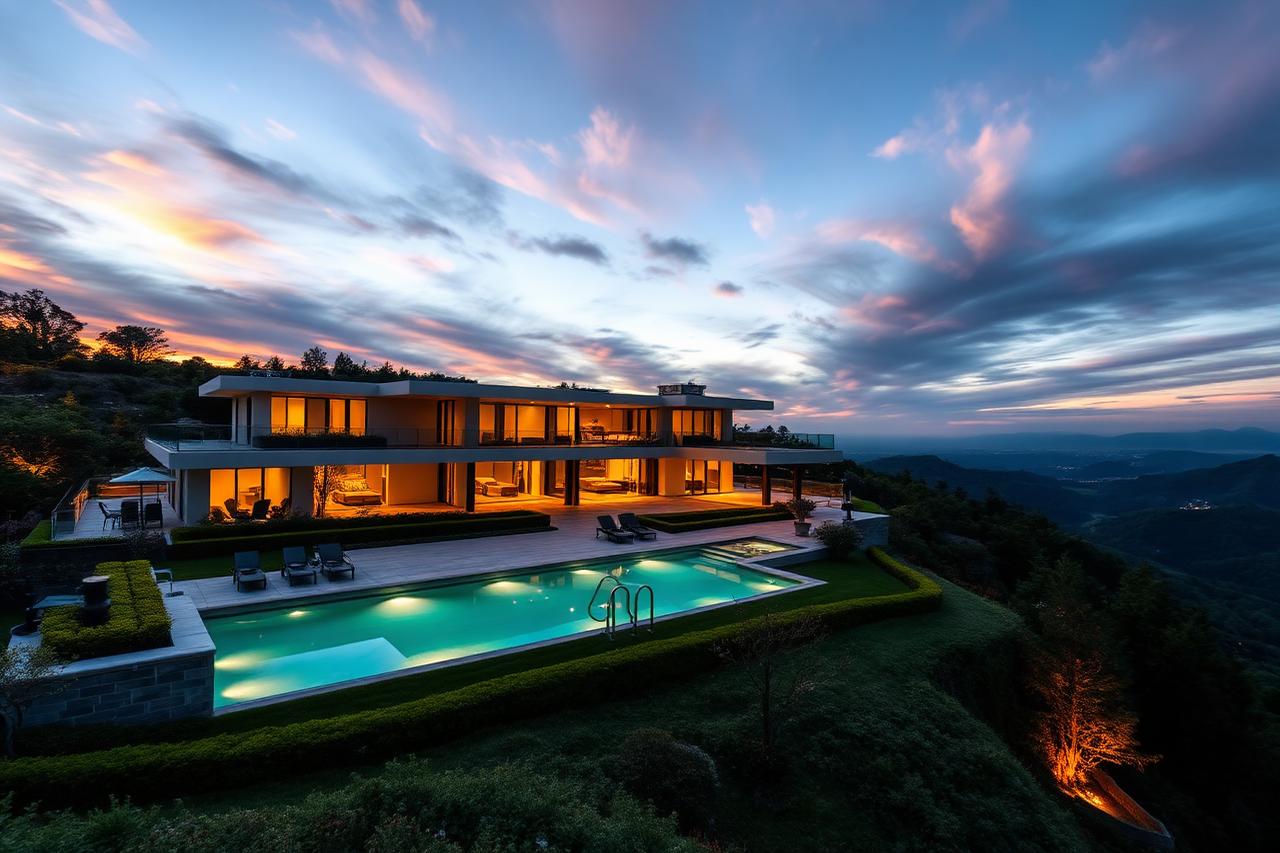 AI-enhanced luxury property exterior with replaced sky and landscaping
